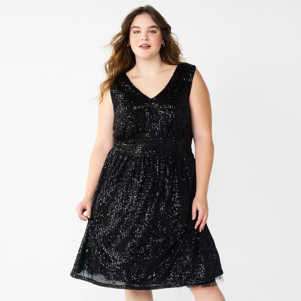 Draper James Black Sequin V‑Neck Midi Dress
